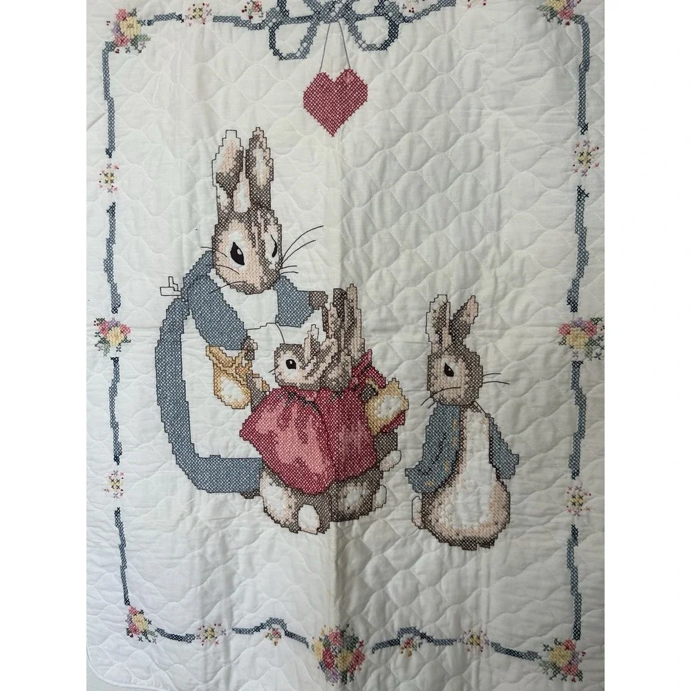 Vtg Peter Rabbit Cross Stitch Quilt Beatrix Potter Crib Blanket Wall Hanging